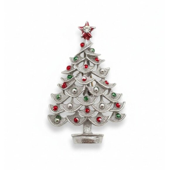 Vintage Christmas Tree Pin Brooch With Rhinestones & Red Star - Picture 1 of 4